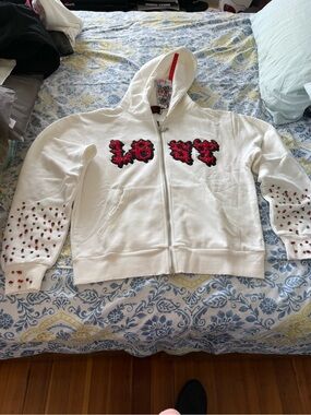 Lost Intricacy White Zip Hoodie with Red Studded 'LOST' Appliqué